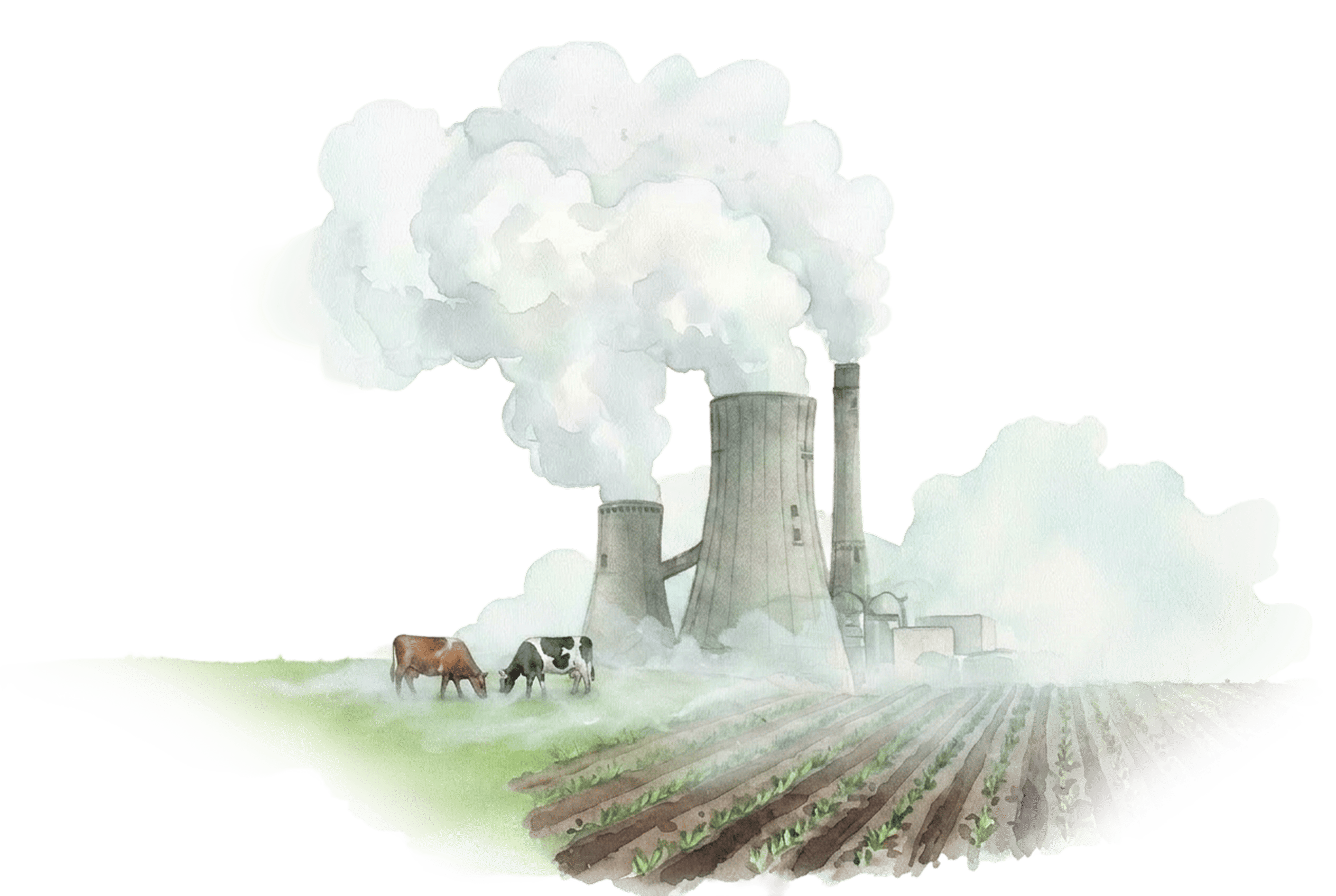 Watercolor illustration of agricultural and fertilizer-related emissions