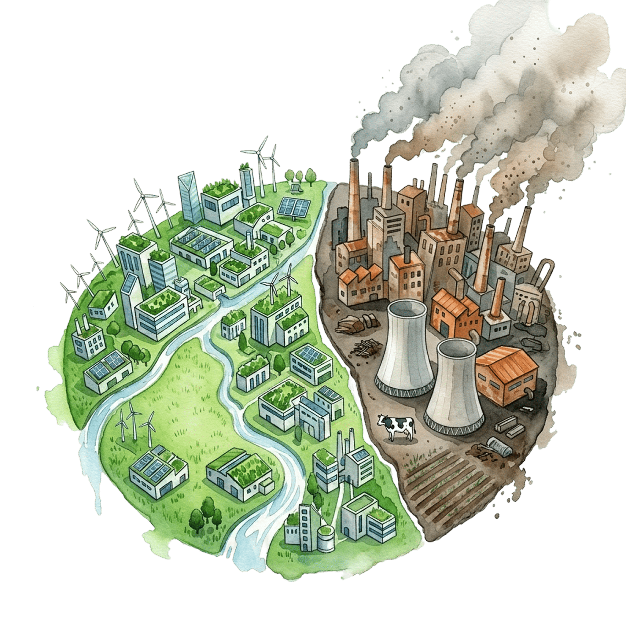 Watercolor comparison of low-carbon and emissions-intensive production